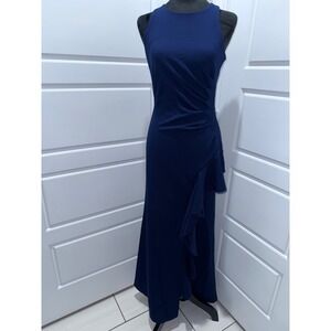 WOOSEA Navy Blue Sleeveless Gown Ruffle Detail‎ Evening Formal Maxi Dress S New